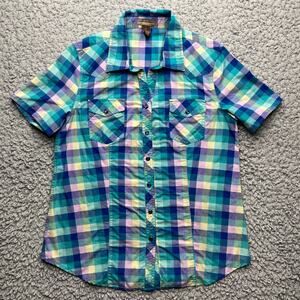 Bit & Bridle Pearl Snap Shirt Womens Small Plaid V-Neck Cowgirl Rodeo Western